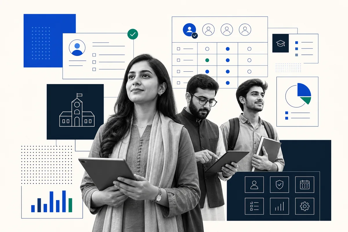 Pakistani administrator, teacher, and student using role-based Attenda campus portals