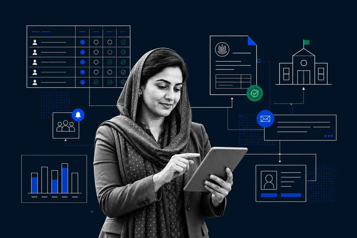 Pakistani school administrator using Attenda for attendance, fee verification, results, and campus communication