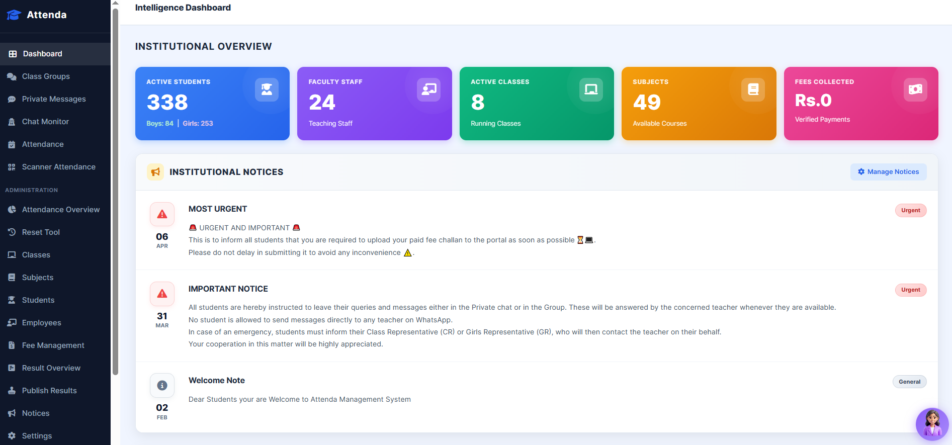 Full Admin Dashboard — actual Attenda product screen