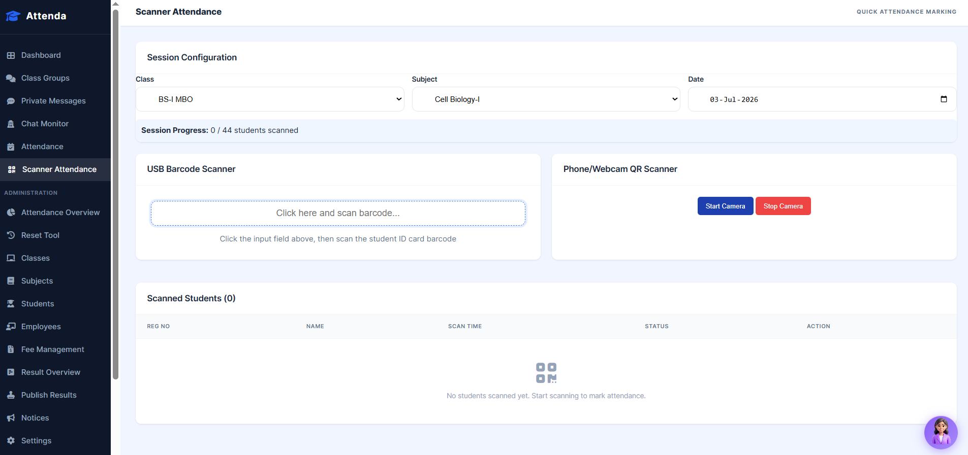 QR-Based Class Check-In — actual Attenda product screen